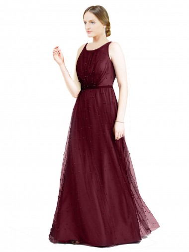 Best Sleeveless Boat Neck Long Pearl Tulle Bridesmaid Dress with Keyhole Back UK
