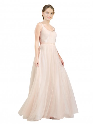 Best Scooped Neckline Long Tulle Bridesmaid Dress with Open Back UK