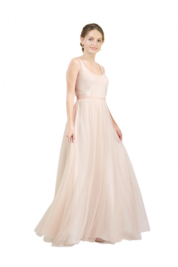 Best Scooped Neckline Long Tulle Bridesmaid Dress with Open Back UK