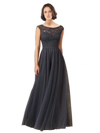 Best Long Bateau Tulle Bridesmaid Dress with Lace Bodice UK