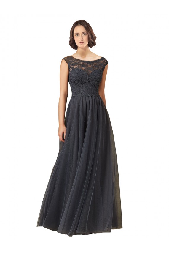 Best Long Bateau Tulle Bridesmaid Dress with Lace Bodice UK