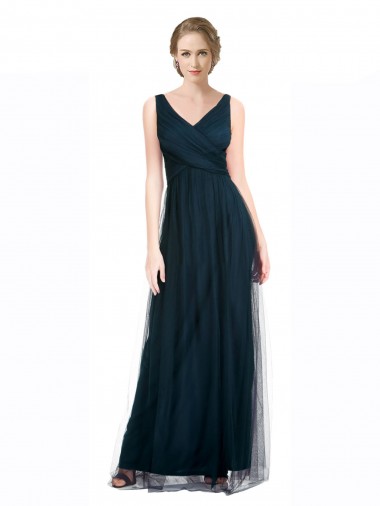 Best Full Length Long Tulle Bridesmaid Dress with V-Neck Criss-Cross Ruched Top UK