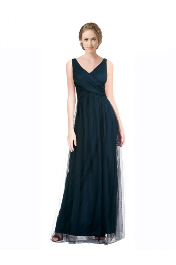 Best Full Length Long Tulle Bridesmaid Dress with V-Neck Criss-Cross Ruched Top UK