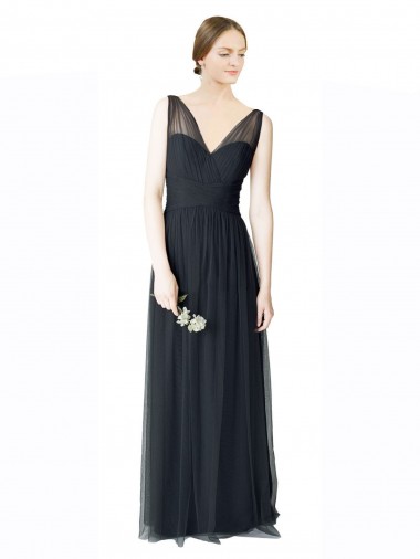 Best Long Tulle Bridesmaid Dress with Illusion Shoulder Straps and V-Back UK