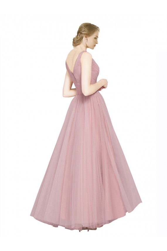 Best Long Floor Length Wide Strap Plunge Cross Over Neckline Tulle Bridesmaid Dress UK