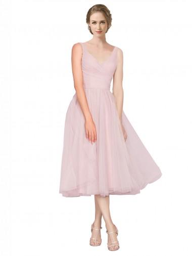 Best Short Tea Length Wide Strap Plunge Cross Over Neckline Tulle Cocktail Bridesmaid Dress UK