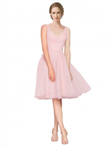 Best Short Knee Length Wide Strap Plunge Cross Over Neckline Tulle Cocktail Bridesmaid Dress UK