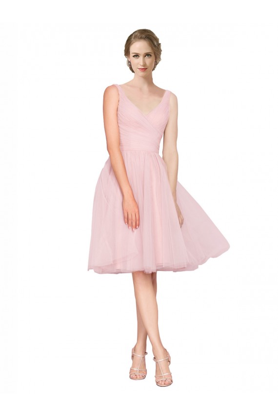 Best Short Knee Length Wide Strap Plunge Cross Over Neckline Tulle Cocktail Bridesmaid Dress UK