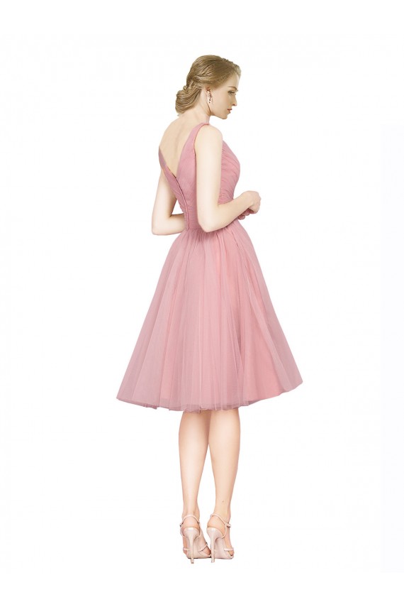 Best Short Knee Length Wide Strap Plunge Cross Over Neckline Tulle Cocktail Bridesmaid Dress UK