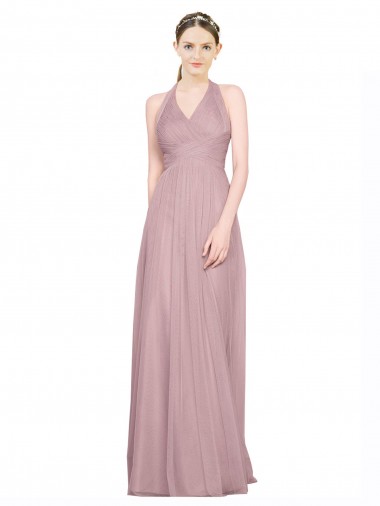 Best Ruffled Halter V-Neck Long Tulle Bridesmaid Dress with Pleats UK