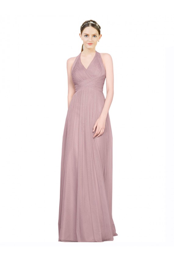Best Ruffled Halter V-Neck Long Tulle Bridesmaid Dress with Pleats UK