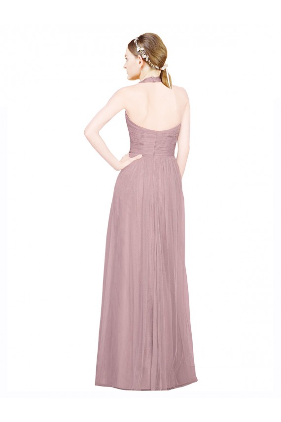 Best Ruffled Halter V-Neck Long Tulle Bridesmaid Dress with Pleats UK