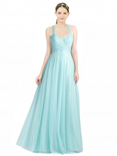 Best Ruched Sweetheart Neckline A-Line Tulle Bridesmaid Dress with Tie Open Back UK
