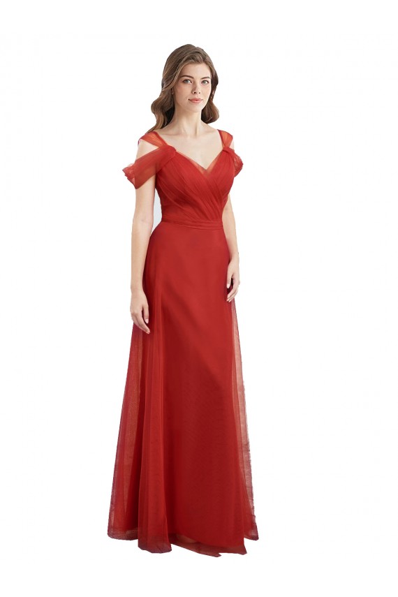 Best Cold Shoulder Pleated Wrap Tulle Bridesmaid Dress with Low V-Back UK