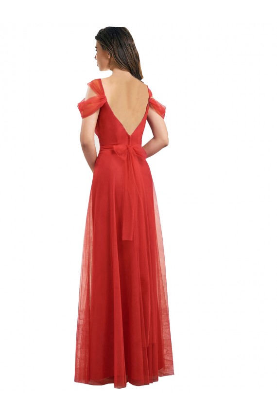 Best Cold Shoulder Pleated Wrap Tulle Bridesmaid Dress with Low V-Back UK