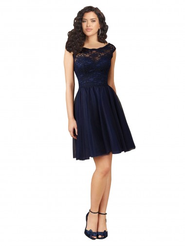 Best Short Bateau Neck Tulle Cocktail Bridesmaid Dress with Lace Bodice UK