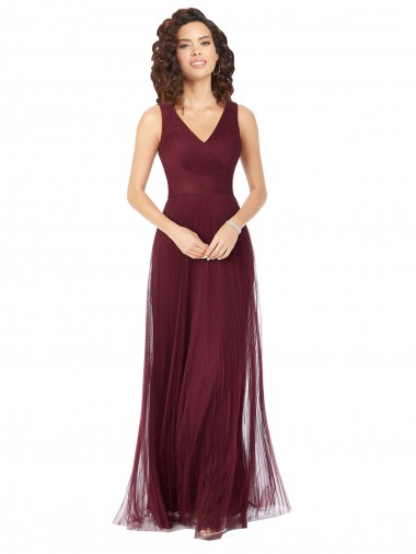 Best Long A-Line V-Neck Tulle Bridesmaid Dress UK