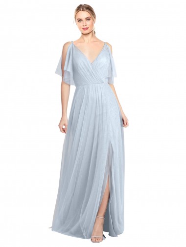 Best Floor Length Flutter Sleeves Long Tulle Bridesmaid Dress with Side Slit UK