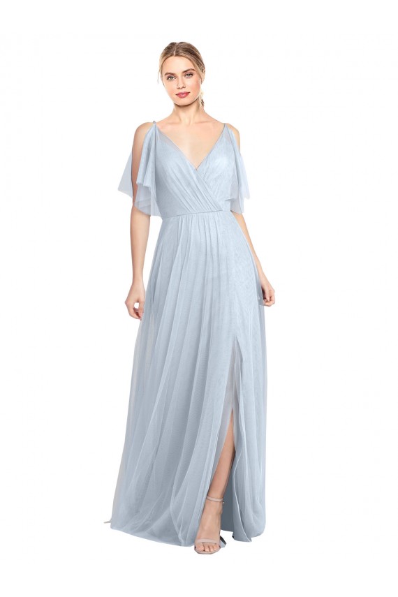 Best Floor Length Flutter Sleeves Long Tulle Bridesmaid Dress with Side Slit UK