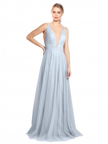 Best Plunging Deep V-Neck Long Tulle Bridesmaid Dress with V-Back UK