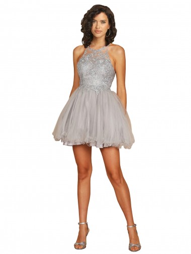Best Halter Neckline Criss Cross Back Short Cocktail Dress with Beaded Lace Bodice UK