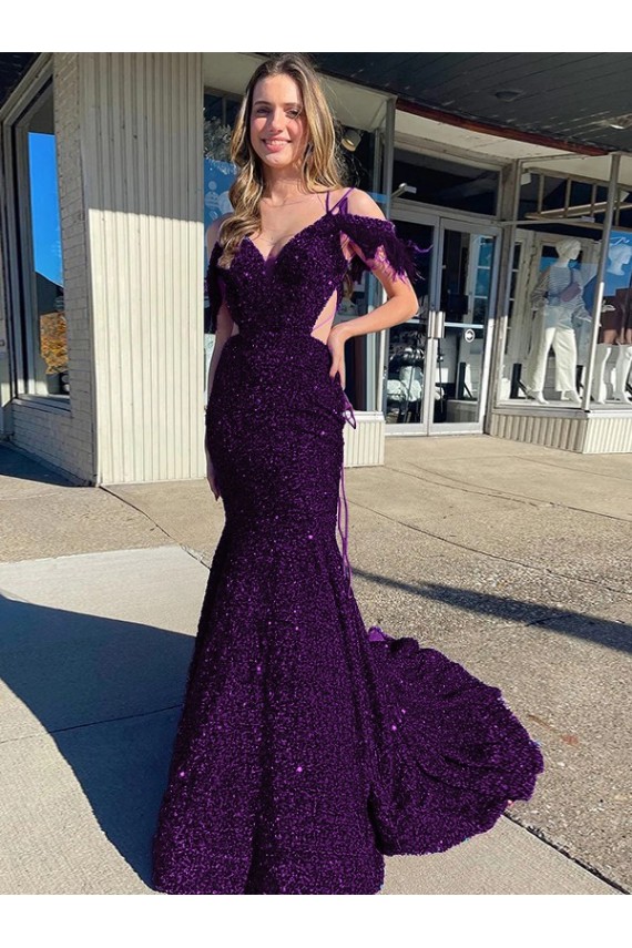 Best Cold Shoulder Sleeveless Long Court Train Velvet Sequin Prom Dress UK