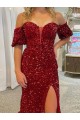 Best Off the Shoulder Short Sleeves Long Floor Length Velvet Sequin Prom Dress with High Slit UK