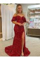 Best Off the Shoulder Short Sleeves Long Floor Length Velvet Sequin Prom Dress with High Slit UK