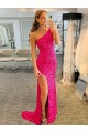 Best One Shoulder Sleeveless Long Velvet Sequin Prom Dress with High Slit UK