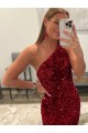 Best Open Back One Shoulder Sleeveless Long Sweep Train Velvet Sequin Prom Dress UK
