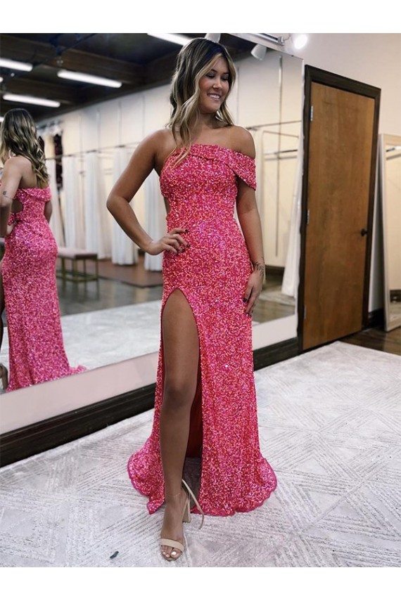 Best One Shoulder Sleeveless Long Sweep Train Velvet Sequin Prom Dress with Side Slit UK