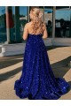Best A-Line One Shoulder Sleeveless Long Sweep Train Velvet Sequin Prom Dress with Pockets UK