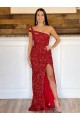 Best One Shoulder Sleeveless Long Sweep Train Velvet Sequin Prom Dress UK