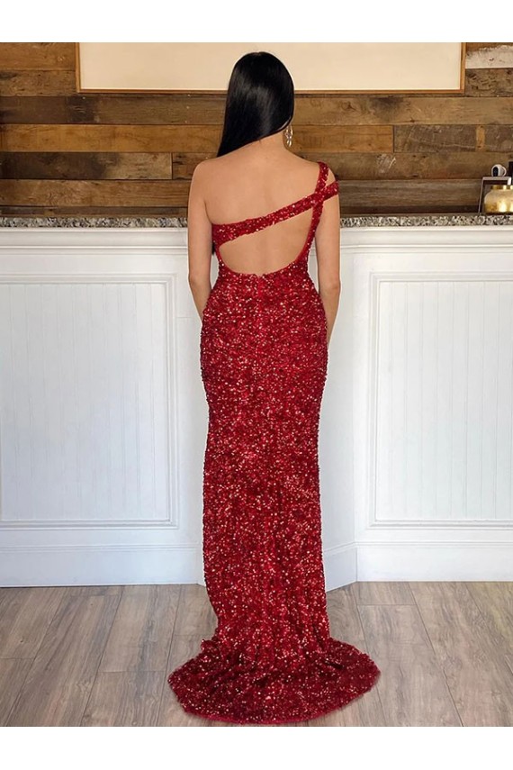 Best One Shoulder Sleeveless Long Sweep Train Velvet Sequin Prom Dress UK