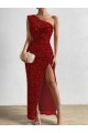Best One Shoulder Sleeveless Long Floor Length Velvet Sequin Prom Dress with Slit UK