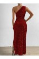 Best One Shoulder Sleeveless Long Floor Length Velvet Sequin Prom Dress with Slit UK