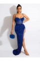Best Long Sweep Train Spaghetti Straps Sleeveless Velvet Sequin Prom Dress with Slit UK