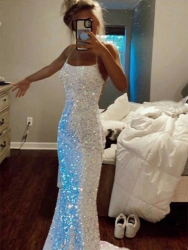 Best Long Spaghetti Straps Sleeveless Sweep Train Velvet Sequin Prom Dress UK