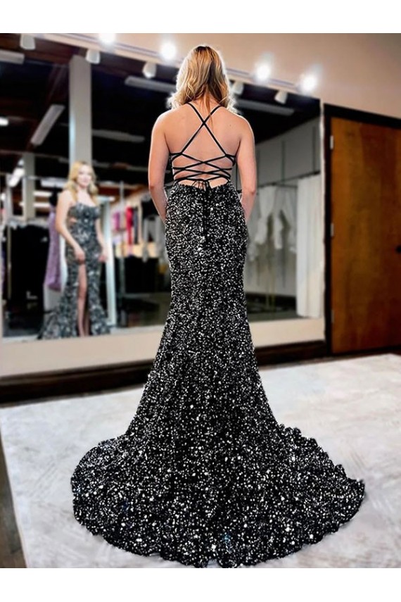Best Spaghetti Straps Sleeveless Long Sweep Train Velvet Sequin Prom Dress UK
