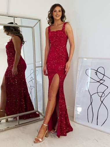 Best Square Neck Sleeveless Long Velvet Sequin Prom Dress with Slit UK