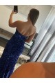 Best Strapless Sleeveless Long Sweep Train Velvet Sequin Prom Dress with Side Slit UK