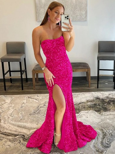 Best Strapless Sleeveless Long Sweep Train Velvet Sequin Prom Dress with Side Slit UK