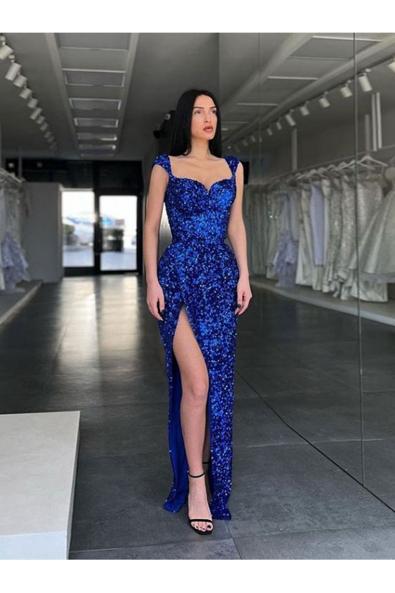 Best Sleeveless Long Sweep Train Velvet Sequin Prom Dress with High Slit and Straps UK