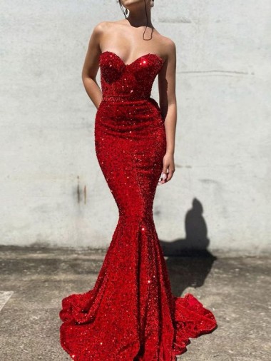 Best Mermaid Sweetheart Sleeveless Long Court Train Velvet Sequin Prom Dress UK