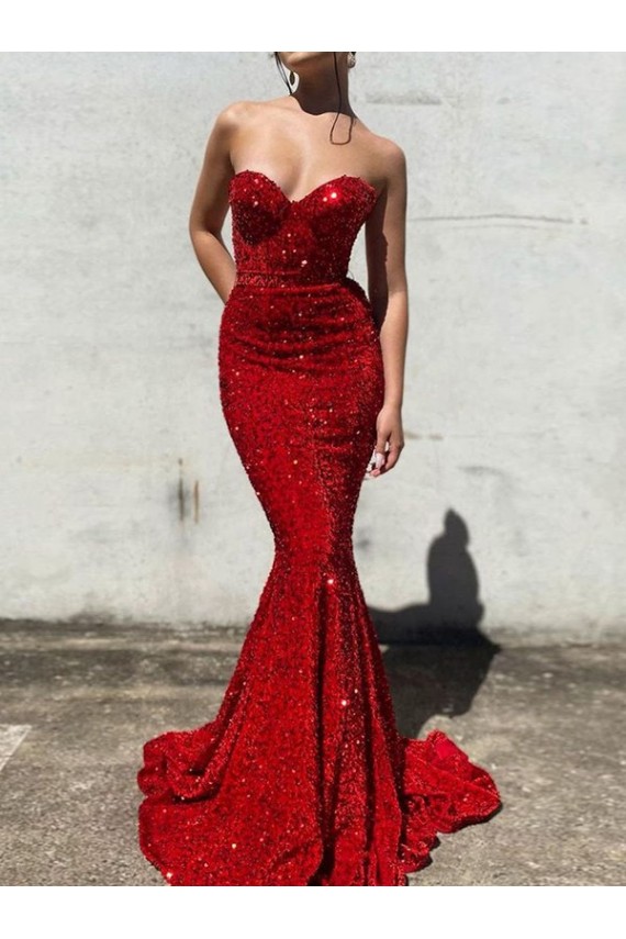 Best Mermaid Sweetheart Sleeveless Long Court Train Velvet Sequin Prom Dress UK