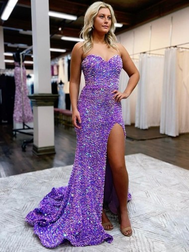 Best A-Line Sweetheart Sleeveless Long Velvet Sequin Prom Dress with Slit UK