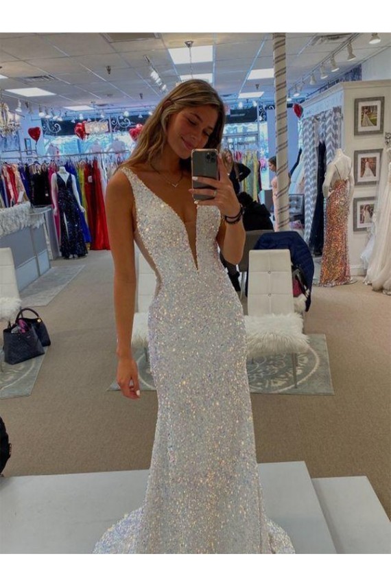 Best V-Neck Sleeveless Long Velvet Sequin Prom Dress with Sweep Train UK
