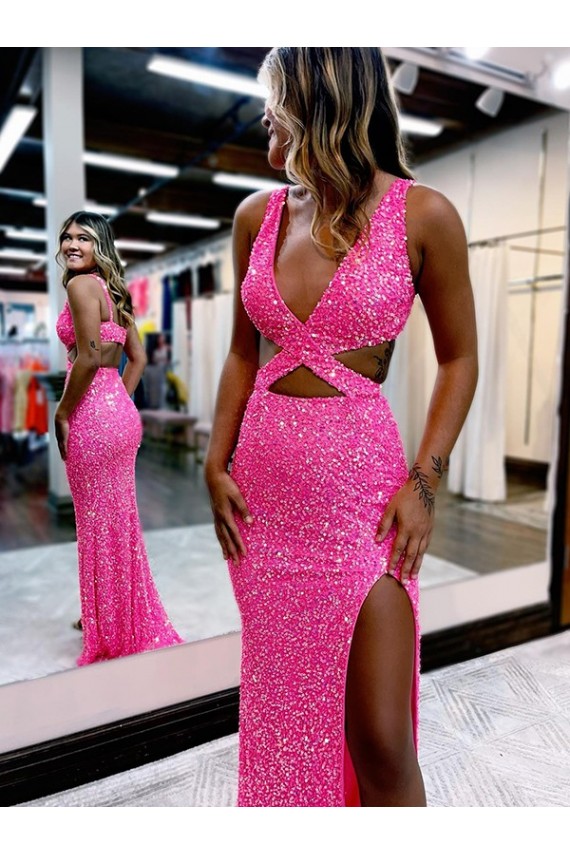 Best Long V-Neck Sleeveless Sweep Train Velvet Sequin Prom Dress with High Slit UK