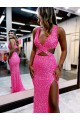Best Long V-Neck Sleeveless Sweep Train Velvet Sequin Prom Dress with High Slit UK
