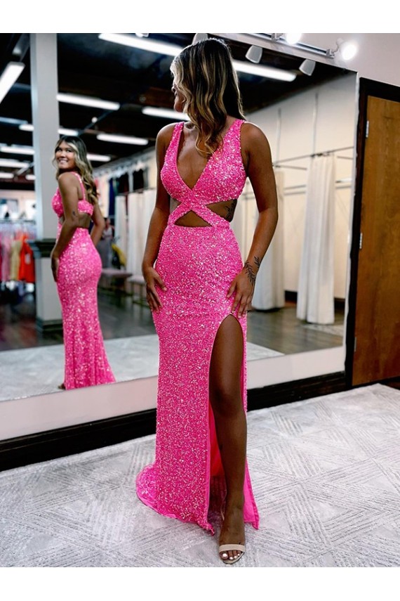 Best Long V-Neck Sleeveless Sweep Train Velvet Sequin Prom Dress with High Slit UK